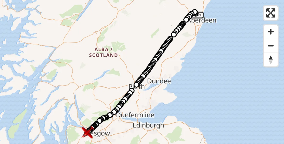 Flight path map showing Air Ambulance Aircraft route from Aberdeen International Airport to Glasgow Airport