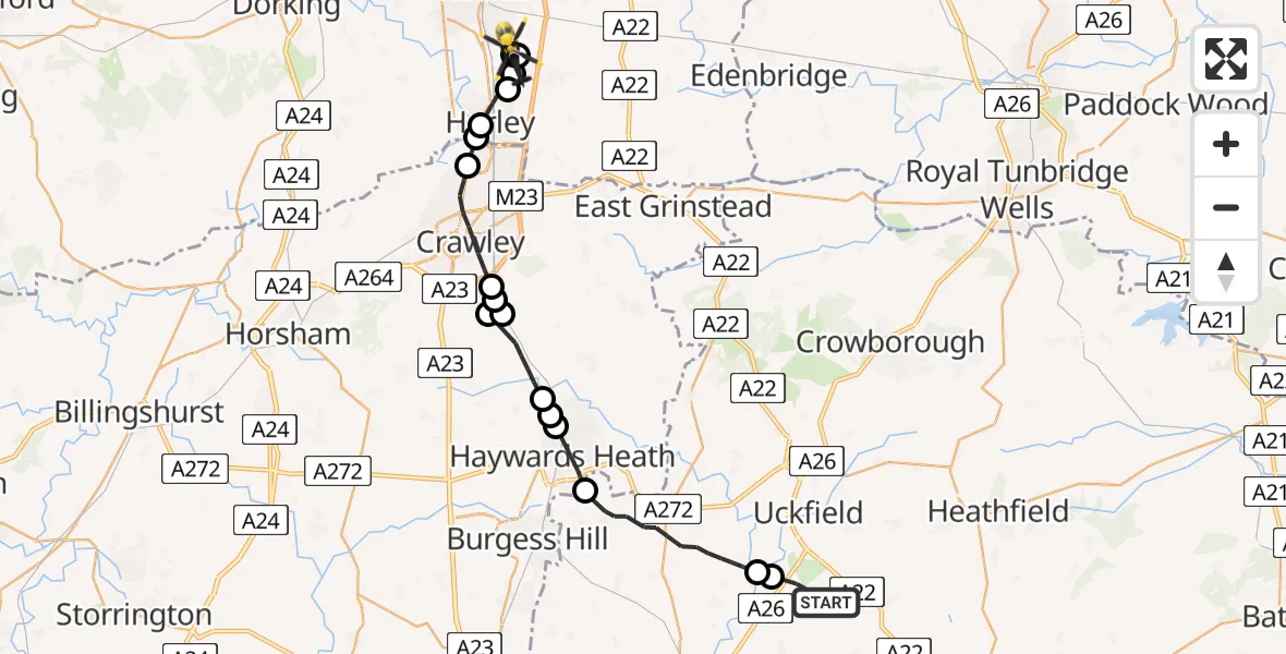Flight path map showing Police Helicopter route from Little Horsted to Salfords