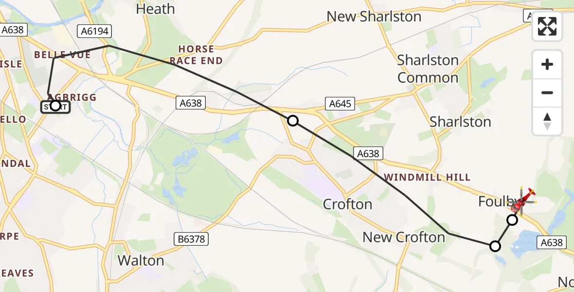 Flight path map showing Air Ambulance Helicopter route from Heath to YAA Nostell Helicopter Port