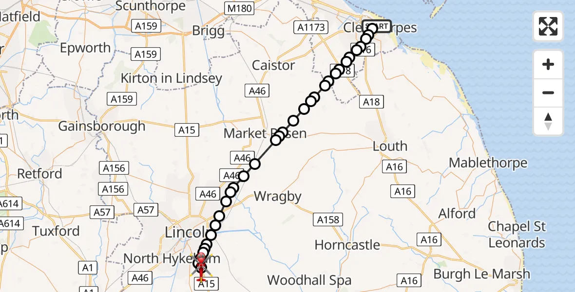 Flight path map showing Air Ambulance Helicopter route from Cleethorpes to North Kesteven