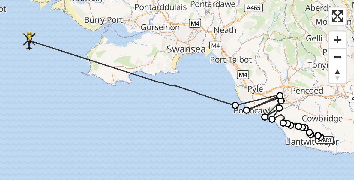 Flight path map showing Police Helicopter route from MOD St Athan to Bristol Channel
