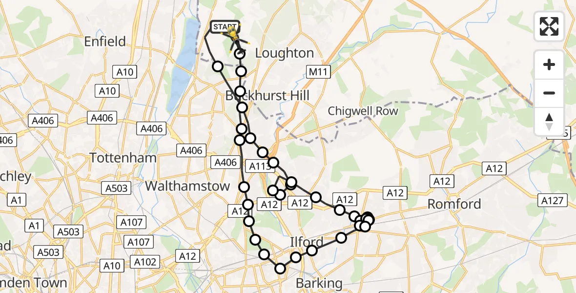 Flight path map showing Police Helicopter route from Sewardstonebury to Metropolitan Police Air Support Unit Lippitts Hill