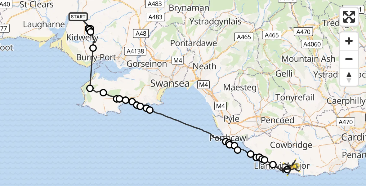 Flight path map showing Police Helicopter route from Llandyfaelog to MOD St Athan
