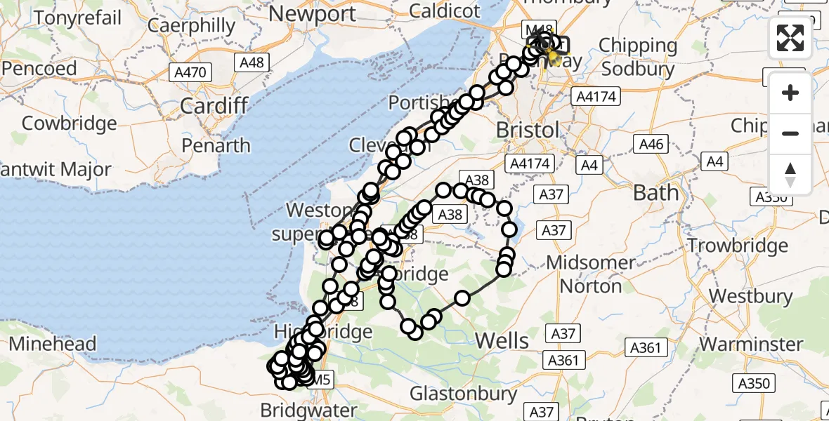 Flight route Police Helicopter Almondsbury Helicopter Base - Almondsbury Helicopter Base, 04 May 2026, 23:27