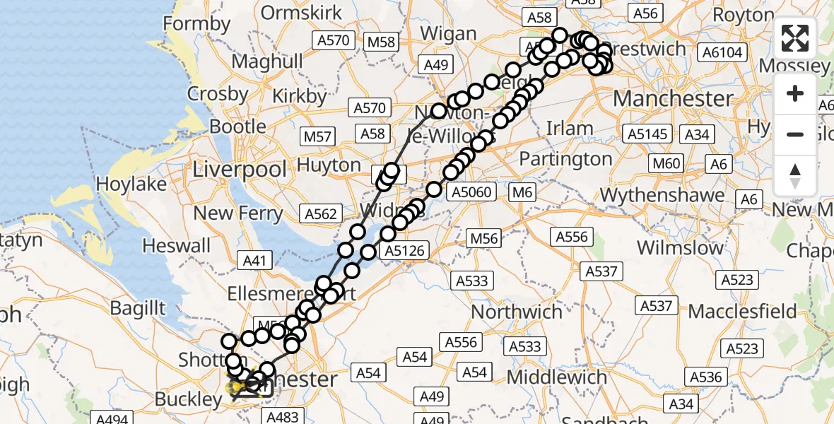 Flight path map showing Police Helicopter route from Hawarden Airport to Sandycroft