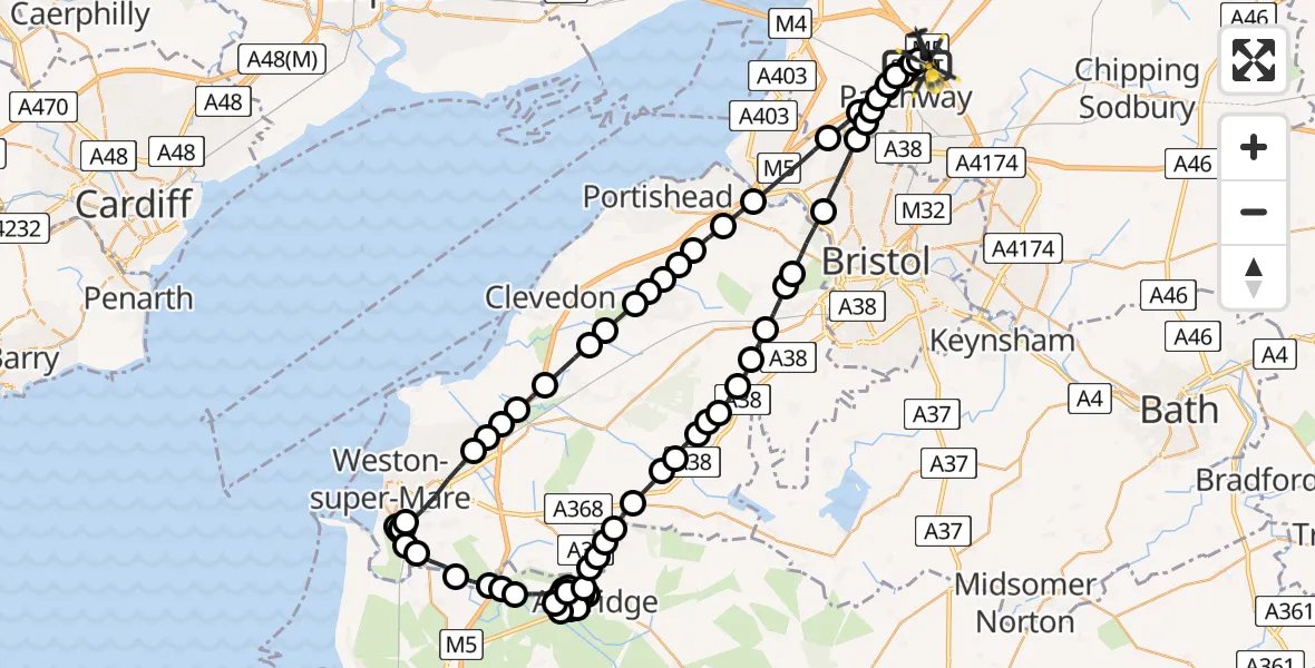 Flight route Police Helicopter Almondsbury Helicopter Base - Almondsbury Helicopter Base, 05 May 2026, 01:29