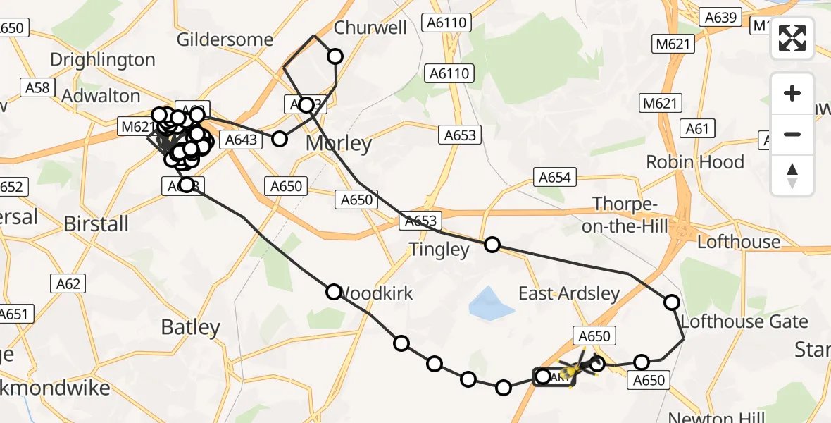 Flight path map showing Police Helicopter route from East Ardsley to East Ardsley