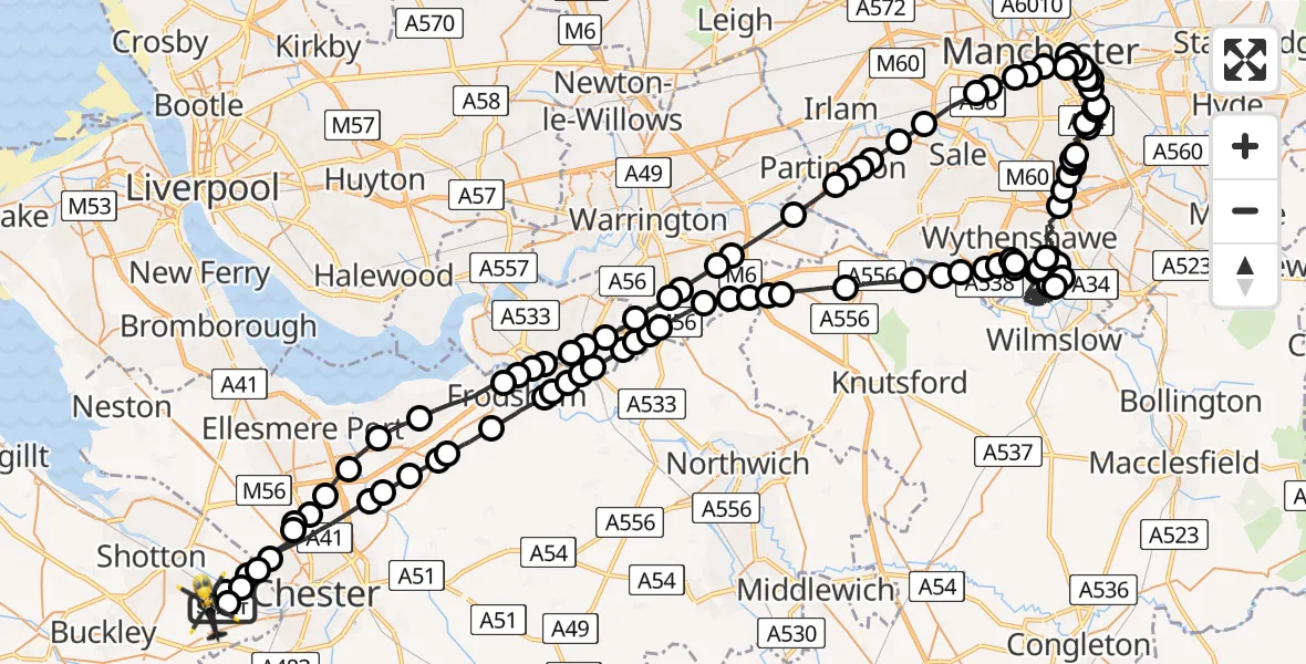 Flight route Police Helicopter Hawarden Airport - Broughton, 05 May 2026, 02:30