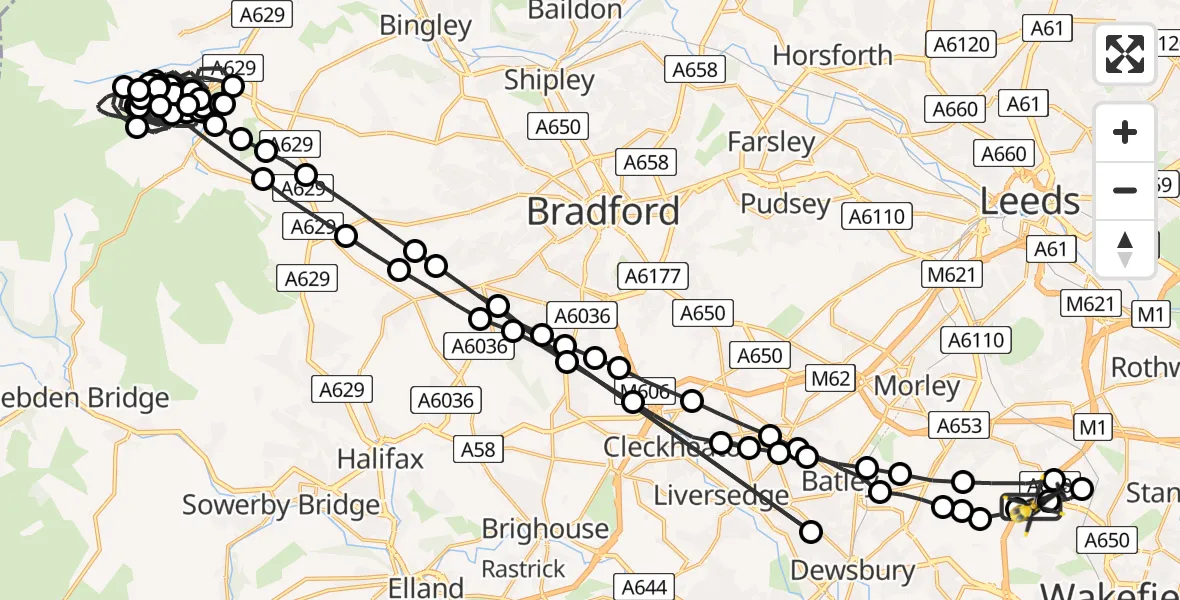 Flight route Police Helicopter East Ardsley - East Ardsley, 05 May 2026, 02:44