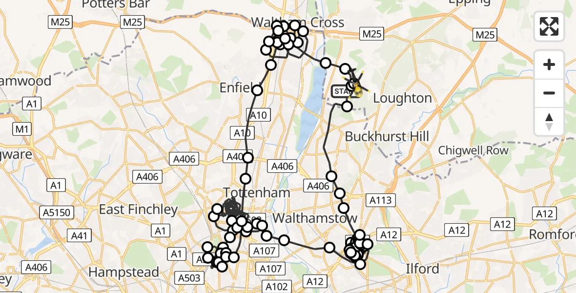 Flight route Police Helicopter Sewardstonebury - Metropolitan Police Air Support Unit Lippitts Hill, 05 May 2026, 07:09