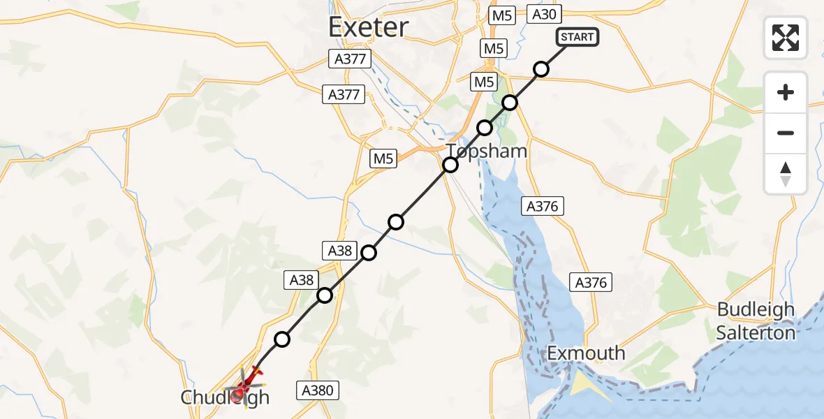 Flight route Air Ambulance Helicopter Clyst Honiton - Chudleigh, 05 May 2026, 07:19