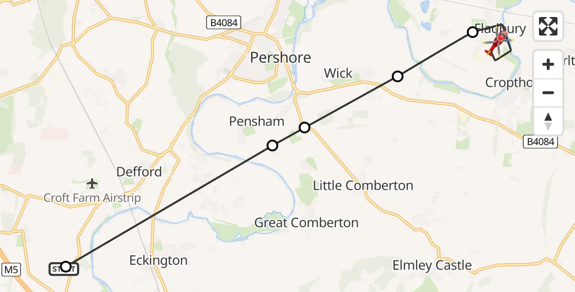 Flight route Air Ambulance Helicopter Upper Strensham - Fladbury, 05 May 2026, 07:35