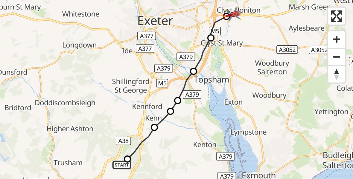 Flight route Air Ambulance Helicopter Chudleigh - East Devon, 05 May 2026, 07:44