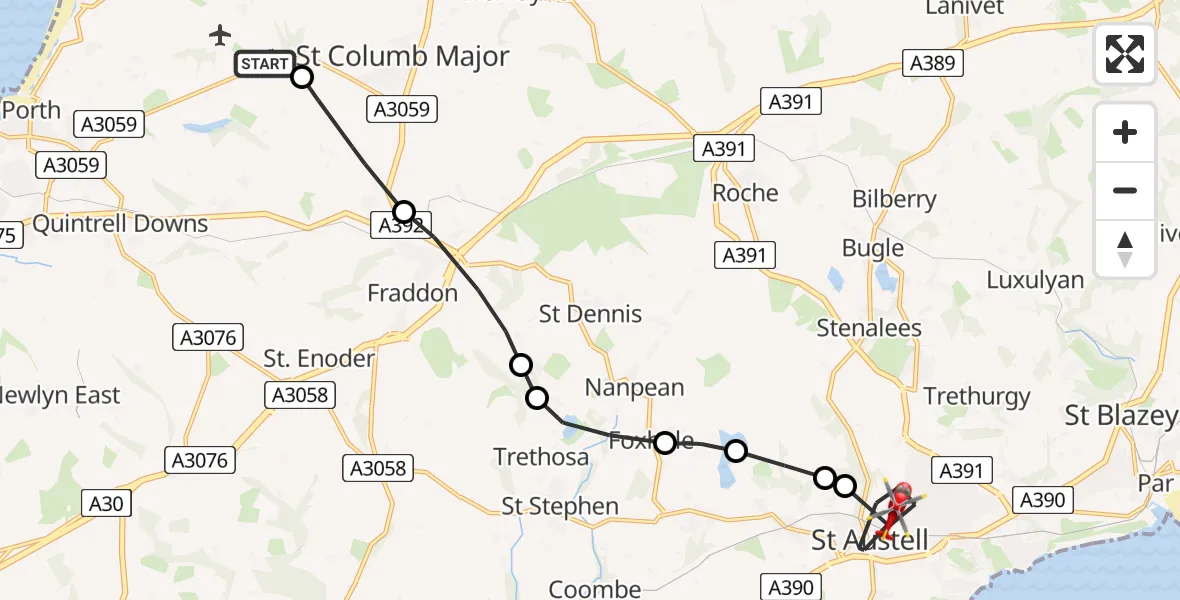 Flight route Air Ambulance Helicopter Cornwall Airport Newquay - St. Austell, 05 May 2026, 08:19