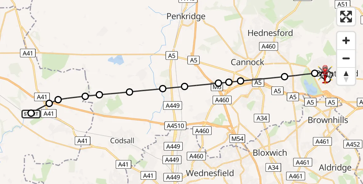 Flight route Air Ambulance Helicopter RAF Cosford - Burntwood, 05 May 2026, 08:23