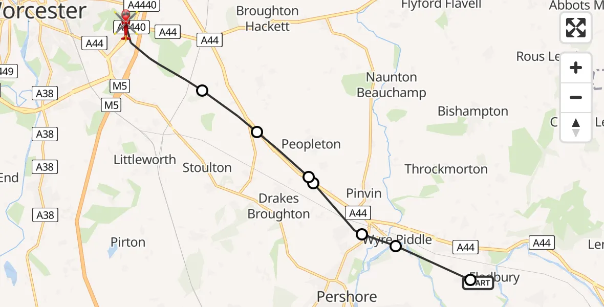 Flight route Air Ambulance Helicopter Fladbury - Worcester, 05 May 2026, 08:32