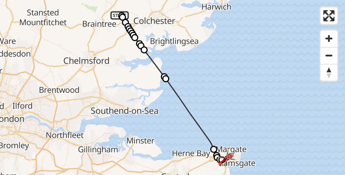 Flight route Air Ambulance Helicopter Earls Colne Airfield - Manston Airport, 05 May 2026, 08:40