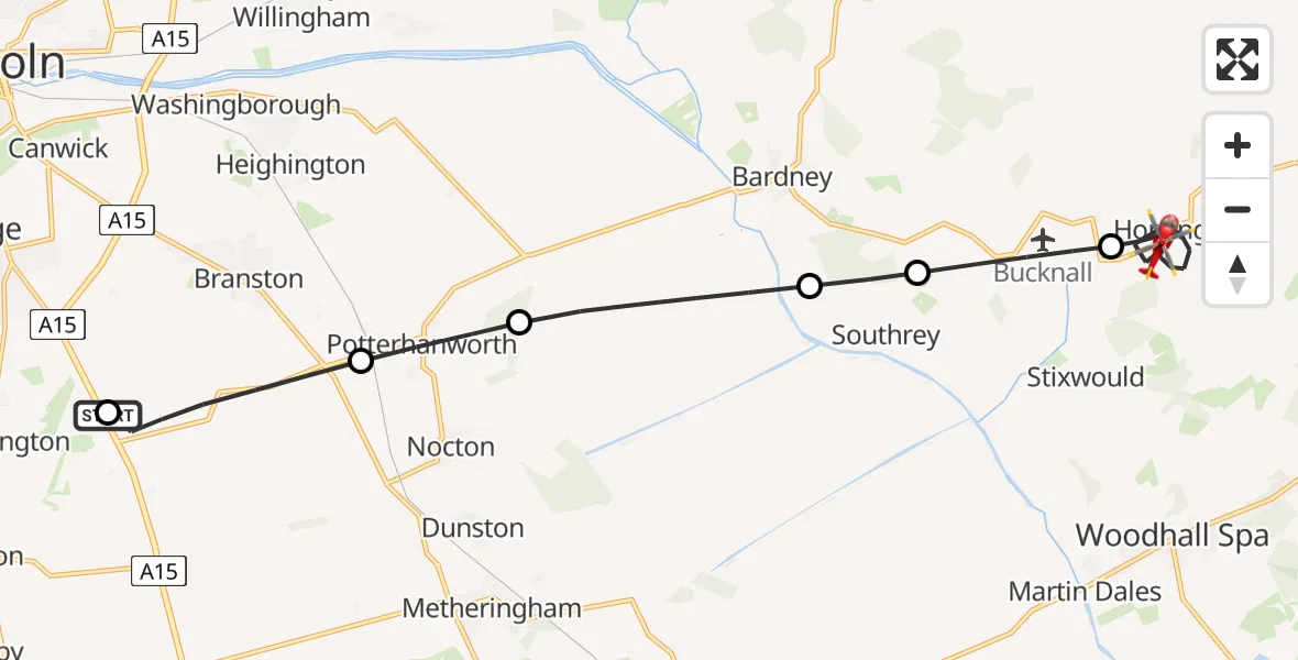Flight route Air Ambulance Helicopter RAF Waddington - Horsington, 05 May 2026, 08:44
