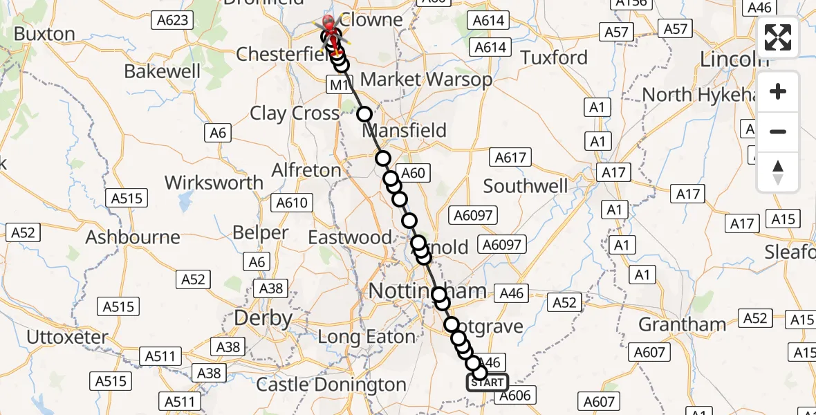 Flight route Air Ambulance Helicopter Rushcliffe - Staveley, 05 May 2026, 09:13