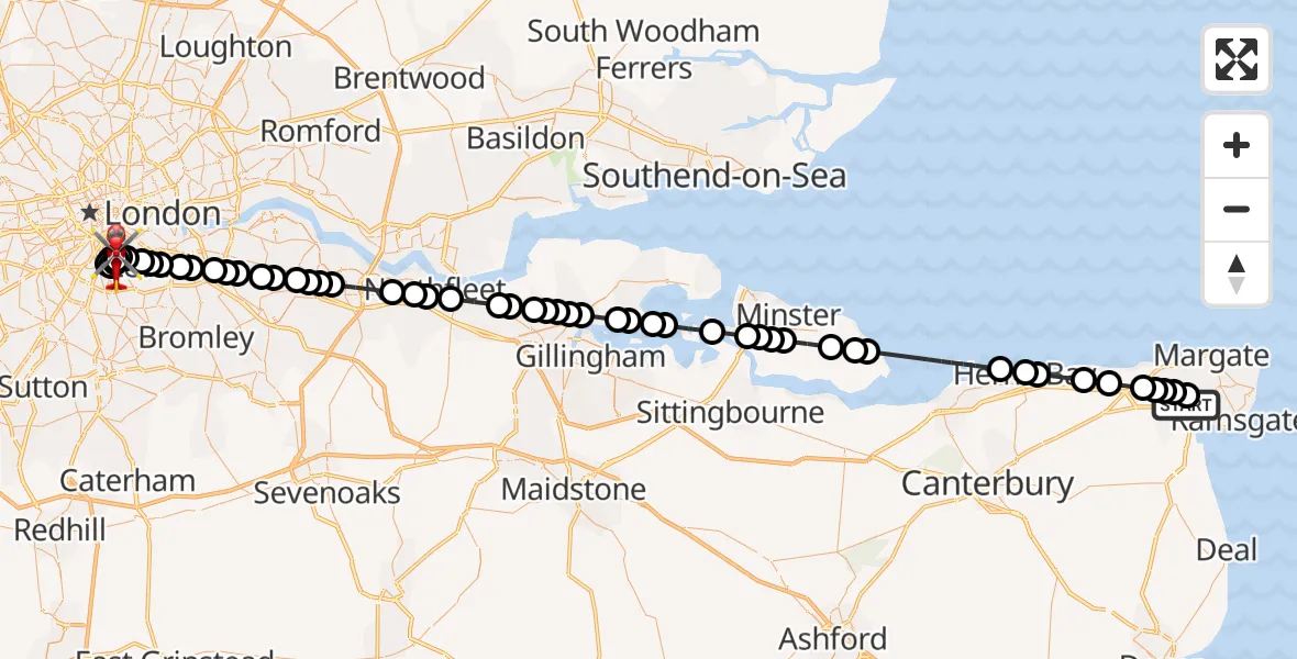 Flight route Air Ambulance Helicopter Manston Airport - Kings College London Hospital, 05 May 2026, 09:28