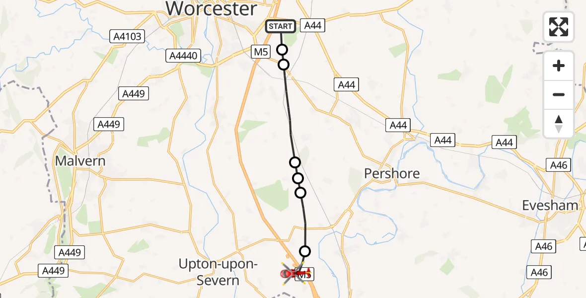 Flight route Air Ambulance Helicopter Wychavon - Upper Strensham, 05 May 2026, 09:35