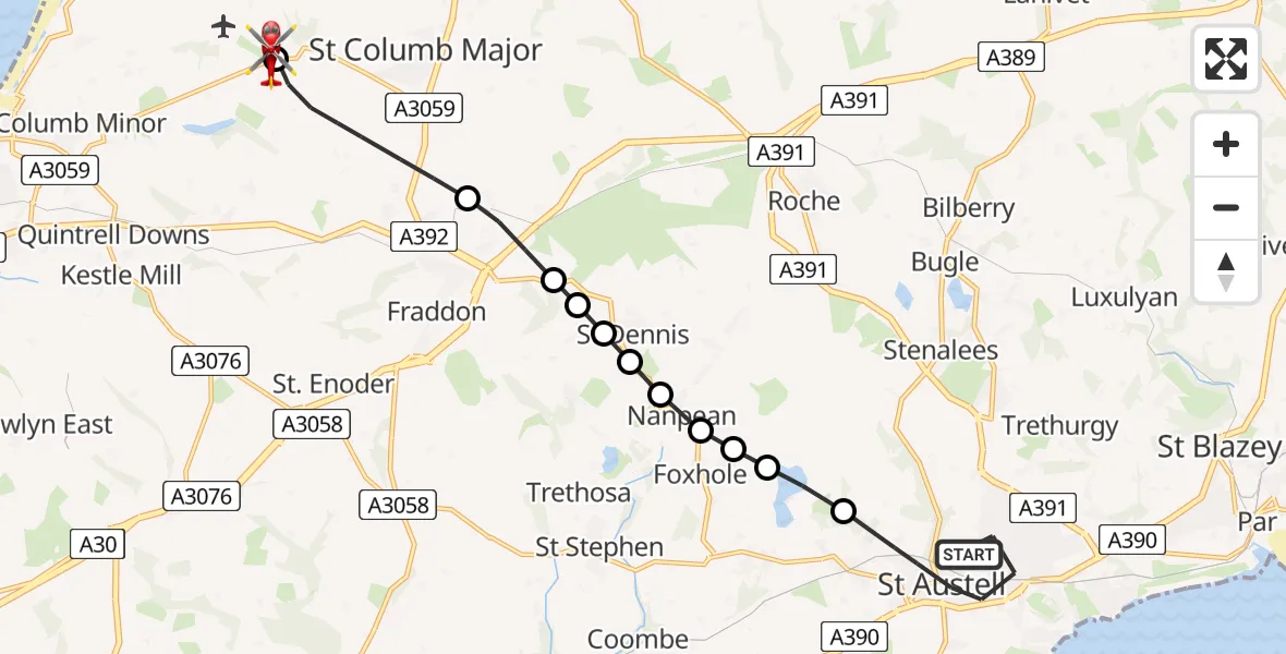 Flight route Air Ambulance Helicopter St. Austell - Cornwall Airport Newquay, 05 May 2026, 09:42