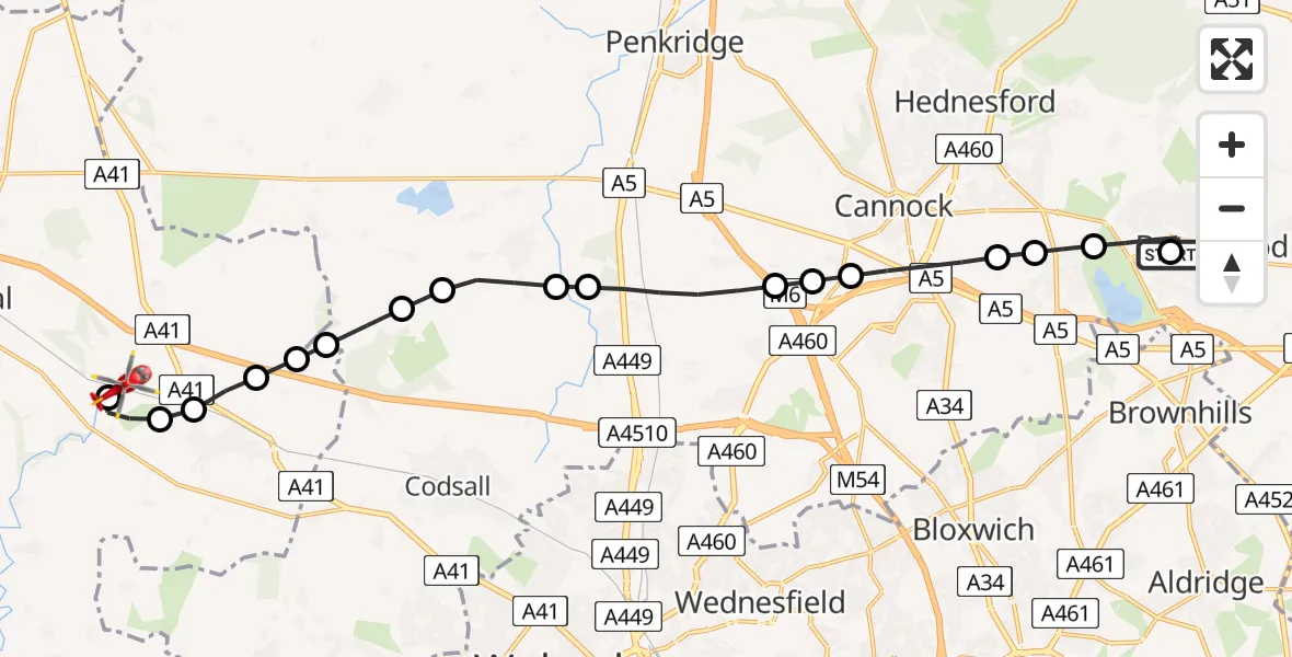Flight route Air Ambulance Helicopter Burntwood - Cosford, 05 May 2026, 09:42