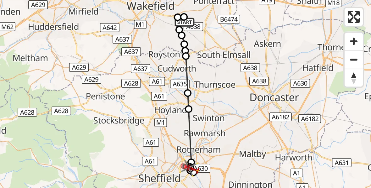 Flight route Air Ambulance Helicopter YAA Nostell Helicopter Port - Rotherham, 05 May 2026, 09:42