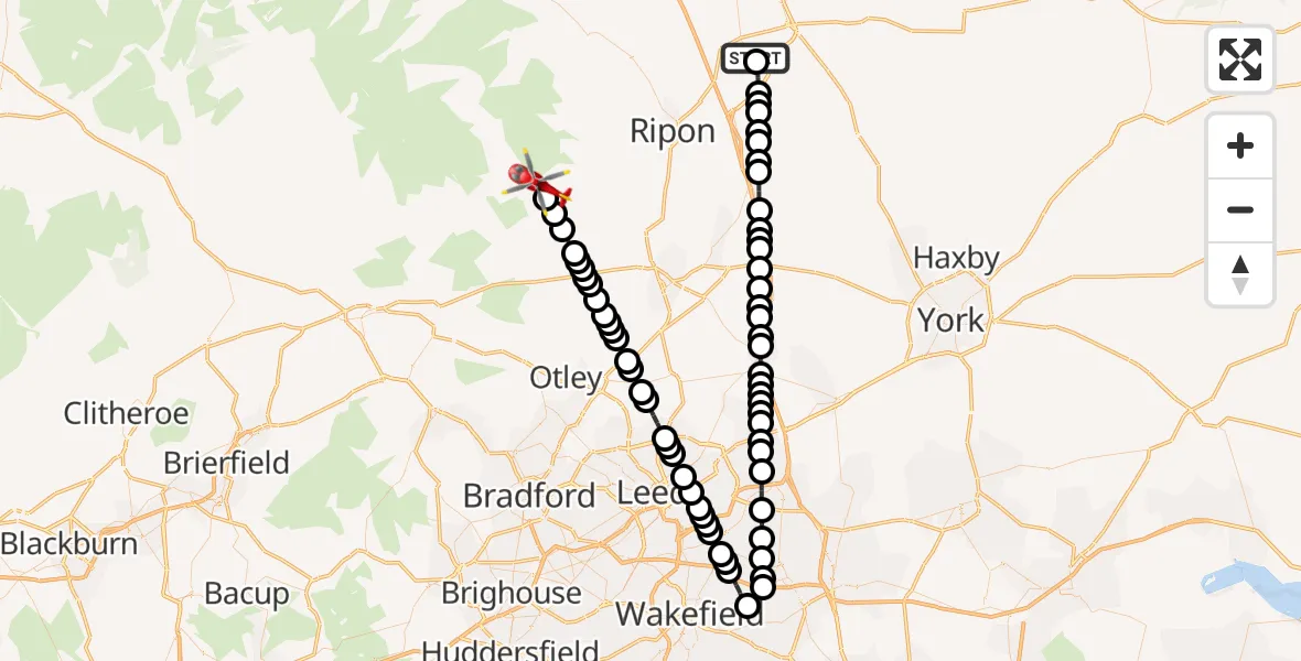 Flight route Air Ambulance Helicopter RAF Topcliffe - Glasshouses, 05 May 2026, 09:45