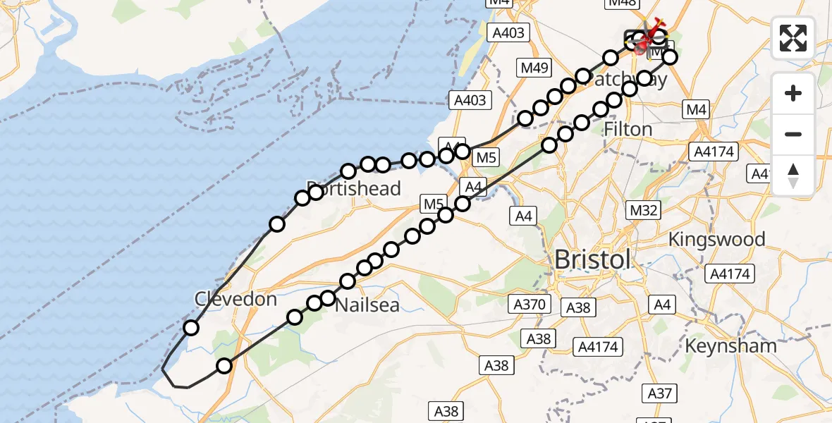 Flight route Air Ambulance Helicopter Almondsbury Helicopter Base - Almondsbury Helicopter Base, 05 May 2026, 09:52