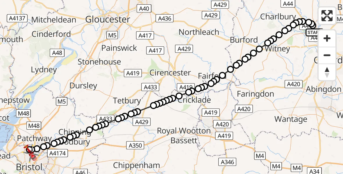 Flight route Air Ambulance Helicopter London Oxford Airport - Bristol, 05 May 2026, 09:59