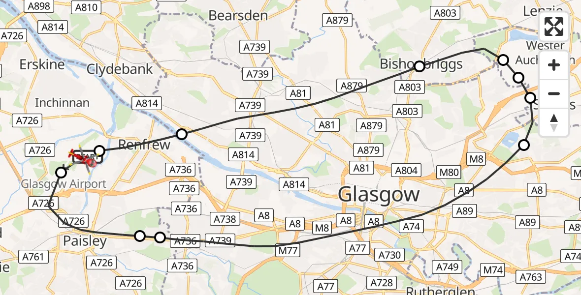 Flight route Air Ambulance Helicopter Glasgow Airport - Glasgow Airport, 05 May 2026, 10:06