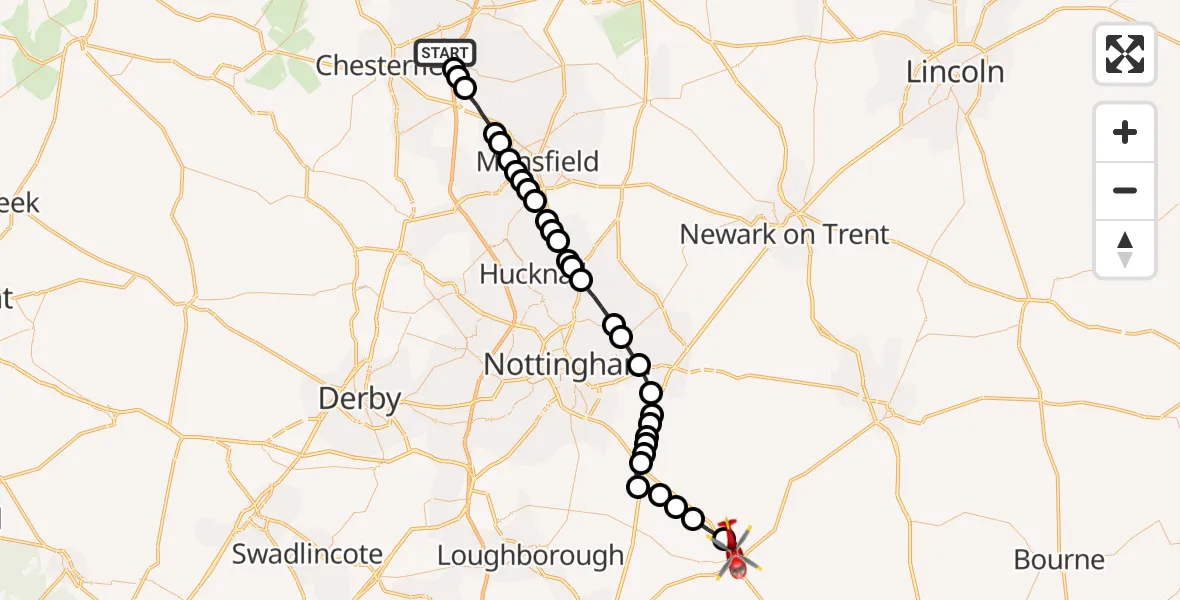 Flight route Air Ambulance Helicopter Chesterfield - Melton Mowbray, 05 May 2026, 10:09