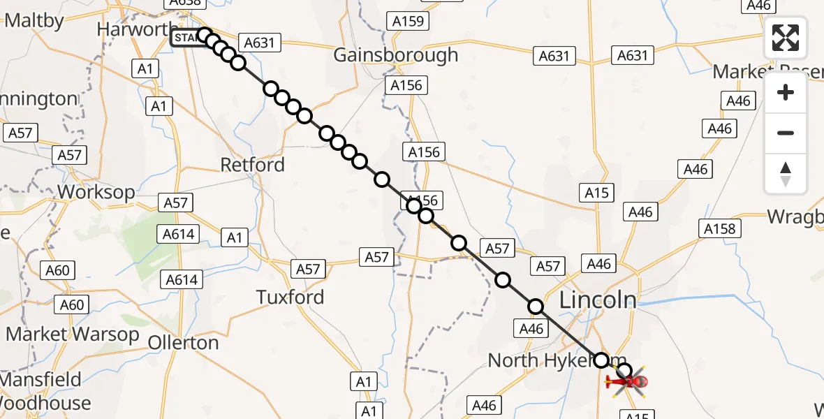 Flight route Air Ambulance Helicopter Scrooby - North Kesteven, 05 May 2026, 10:14
