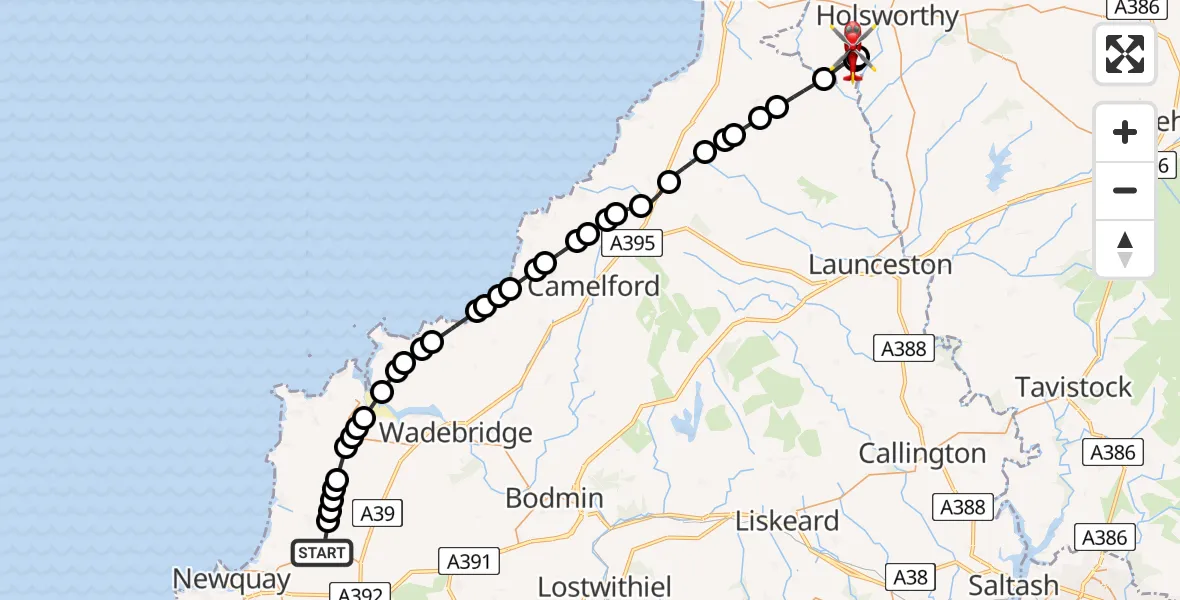 Flight route Air Ambulance Helicopter Cornwall Airport Newquay - Torridge, 05 May 2026, 10:27