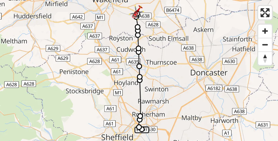 Flight route Air Ambulance Helicopter Sheffield - YAA Nostell Helicopter Port, 05 May 2026, 10:29