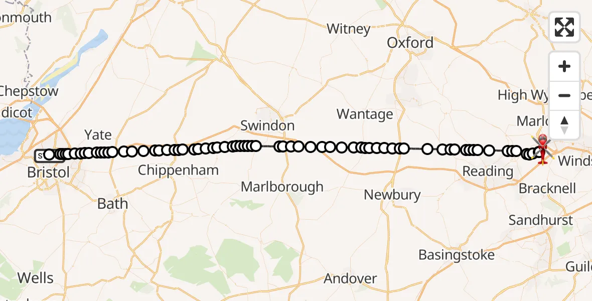 Flight route Air Ambulance Helicopter Southmead Hospital - White Waltham Airfield, 05 May 2026, 10:44
