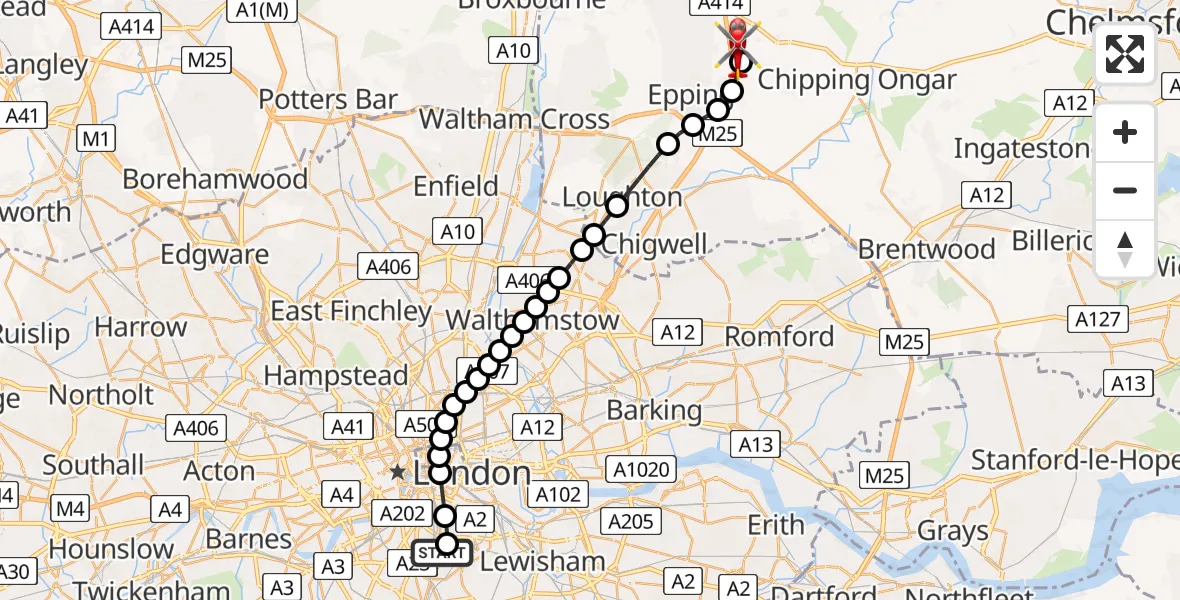 Flight route Air Ambulance Helicopter Kings College London Hospital - North Weald Airfield, 05 May 2026, 10:45
