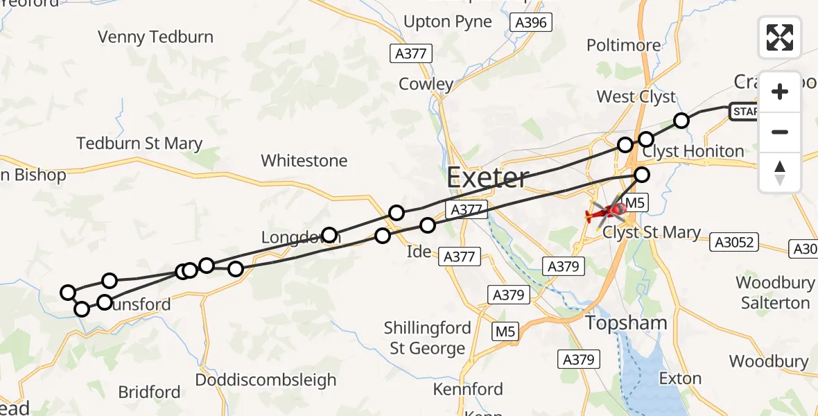 Flight route Air Ambulance Helicopter Clyst Honiton - Exeter, 05 May 2026, 10:48