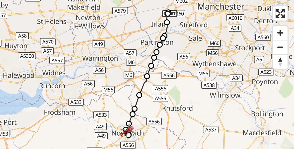 Flight route Air Ambulance Helicopter Manchester Barton Aerodrome - Anderton, 05 May 2026, 10:59