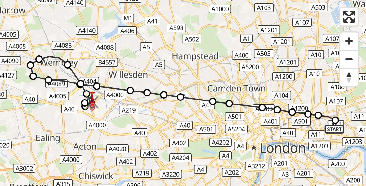 Flight route Air Ambulance Helicopter Royal London Hospital - Twyford, 05 May 2026, 11:00