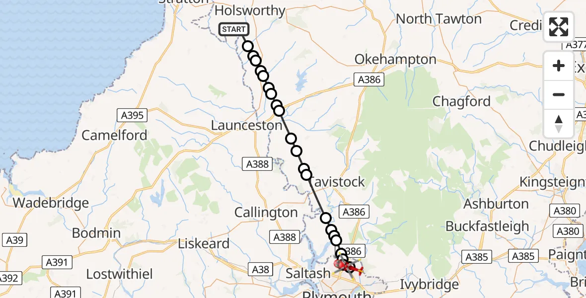 Flight route Air Ambulance Helicopter Torridge - Derriford Hospital, 05 May 2026, 11:08