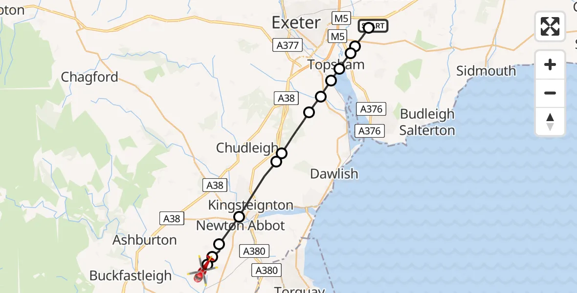 Flight route Air Ambulance Helicopter East Devon - Denbury, 05 May 2026, 11:24