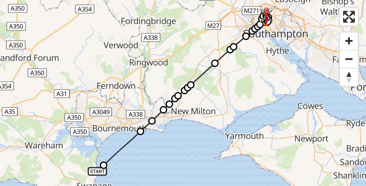 Flight route Air Ambulance Helicopter Studland - University Hospital Southampton, 05 May 2026, 11:30