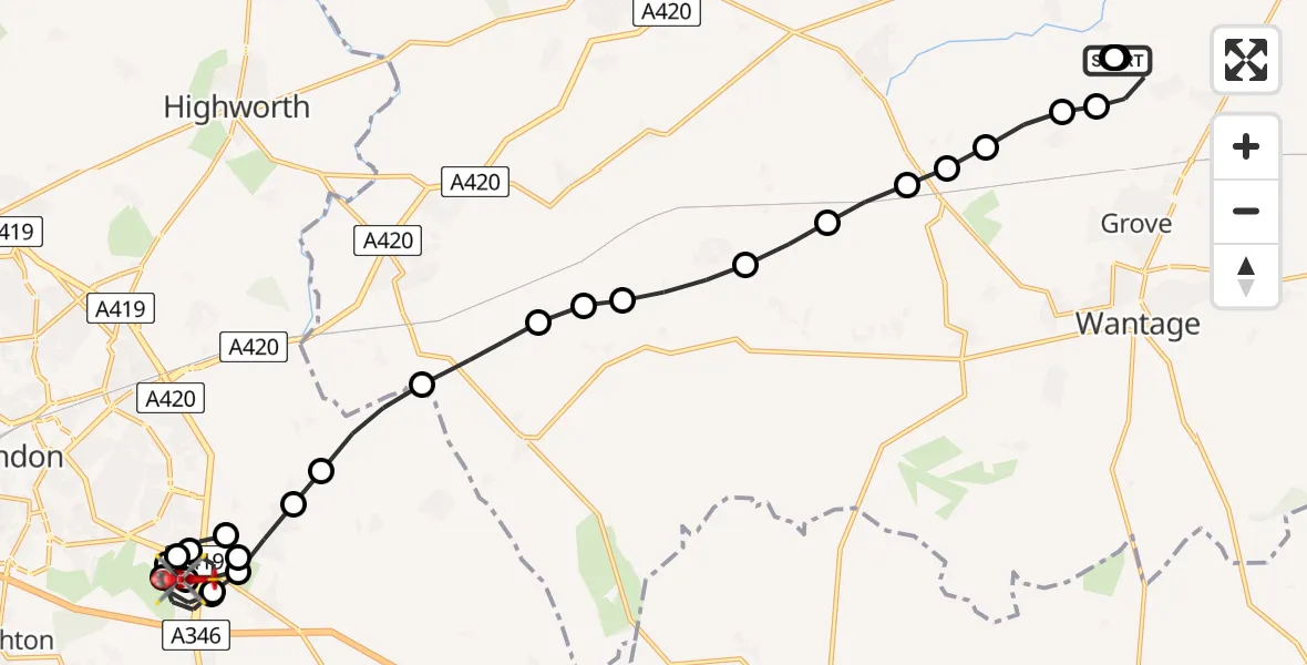 Flight route Air Ambulance Helicopter Lyford - Great Western Hospital, 05 May 2026, 11:37