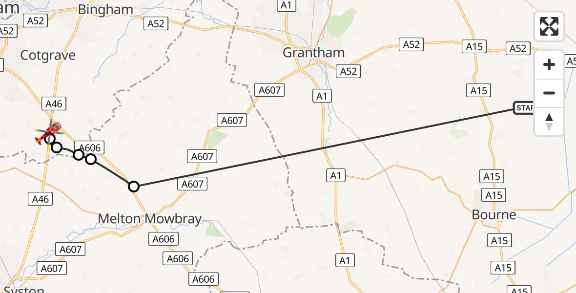 Flight route Air Ambulance Helicopter Pointon - Nottingham Heliport, 05 May 2026, 11:45