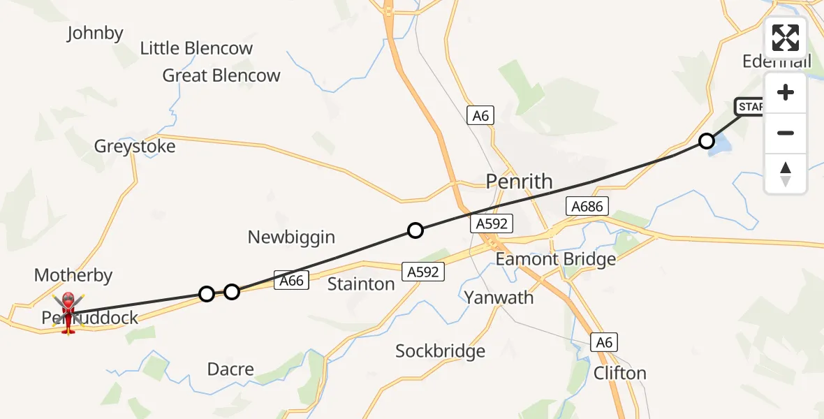 Flight route Air Ambulance Helicopter Edenhall - Penruddock, 05 May 2026, 11:45