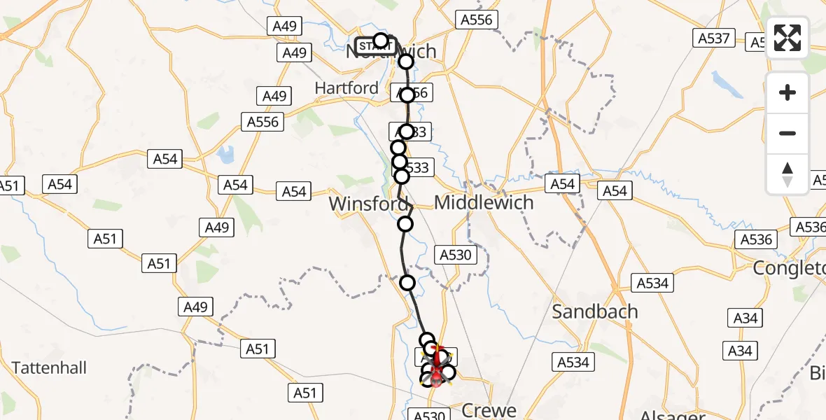 Flight route Air Ambulance Helicopter Northwich - Bradfield Green, 05 May 2026, 11:50
