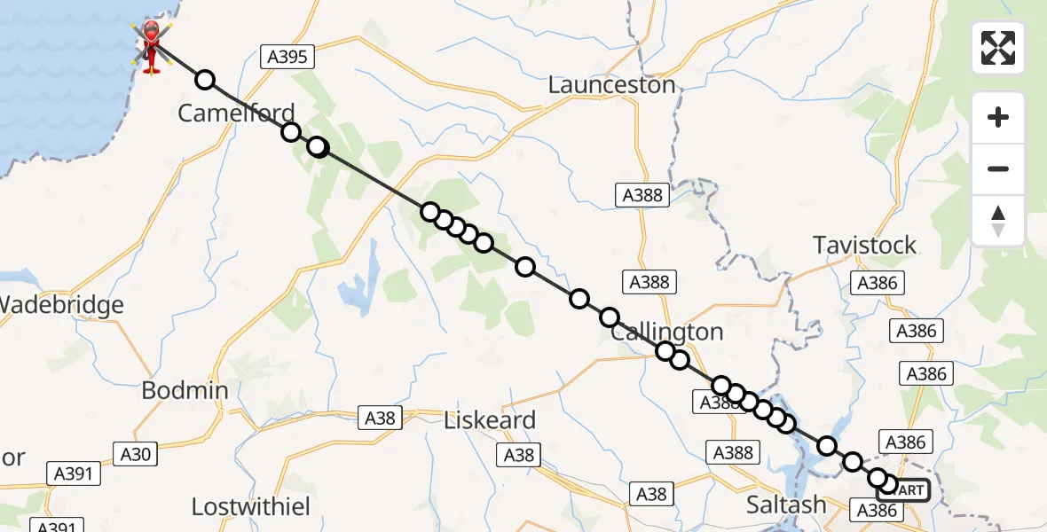 Flight route Air Ambulance Helicopter Derriford Hospital - Treknow, 05 May 2026, 12:06