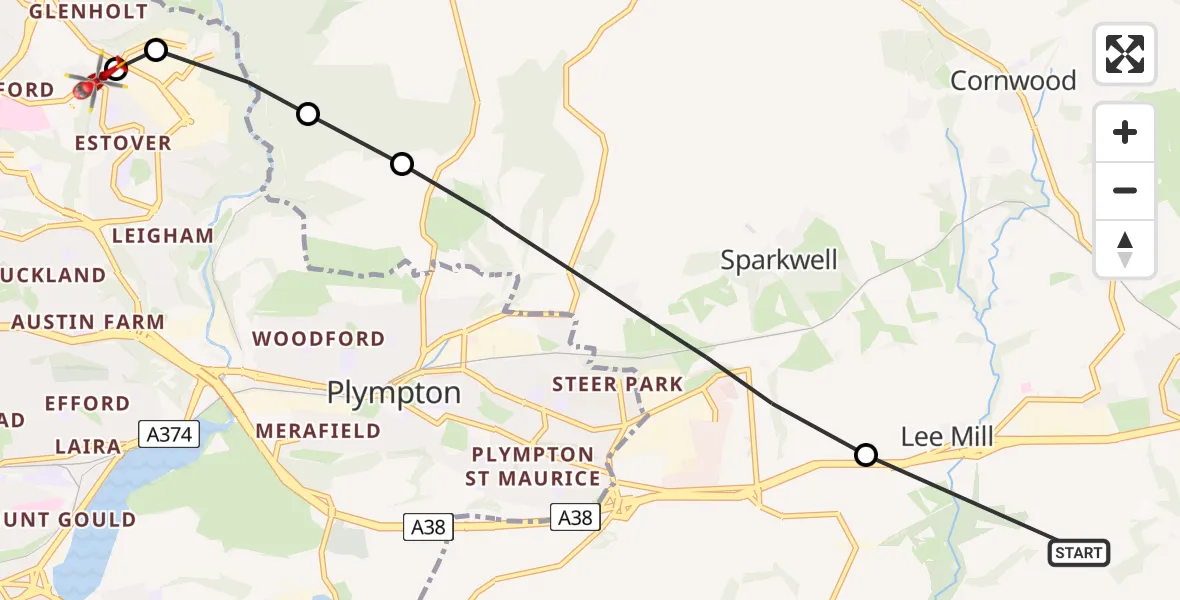 Flight route Air Ambulance Helicopter Ermington - Crownhill, 05 May 2026, 12:13